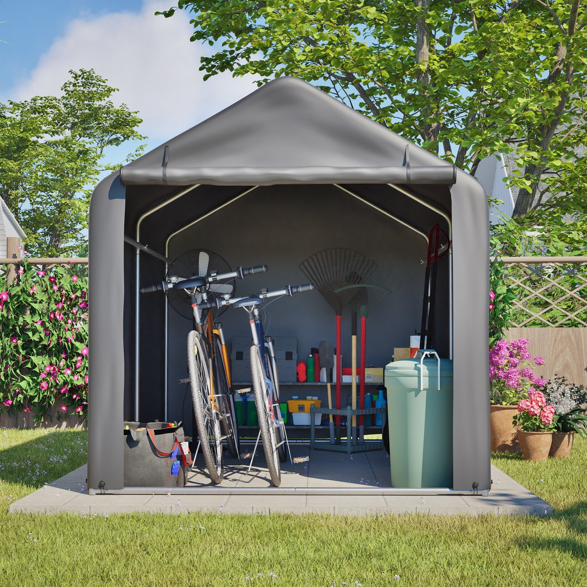 Re-purelife® Fietsgarage grijs 160 × 220 × 165 cm – waterdichte PE buitenberging met roldeur, metalen frame en ventilatie voor fiets, e-bike en tuingereedschap