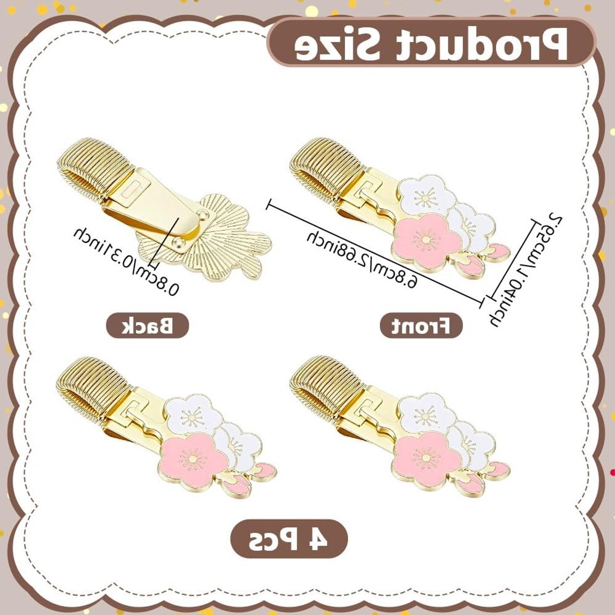 4 Stuks Bloemen Potloodhouder Clips - 6,8 cm Legering Emaille Pen Clips voor Notitieboek en Klemmen - Organizer in Goud en Roze
