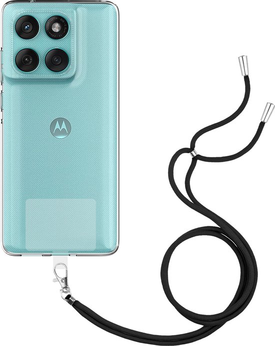 Achterkant van een lichtblauwe telefoon met een transparante hoes en een zwart koord.
