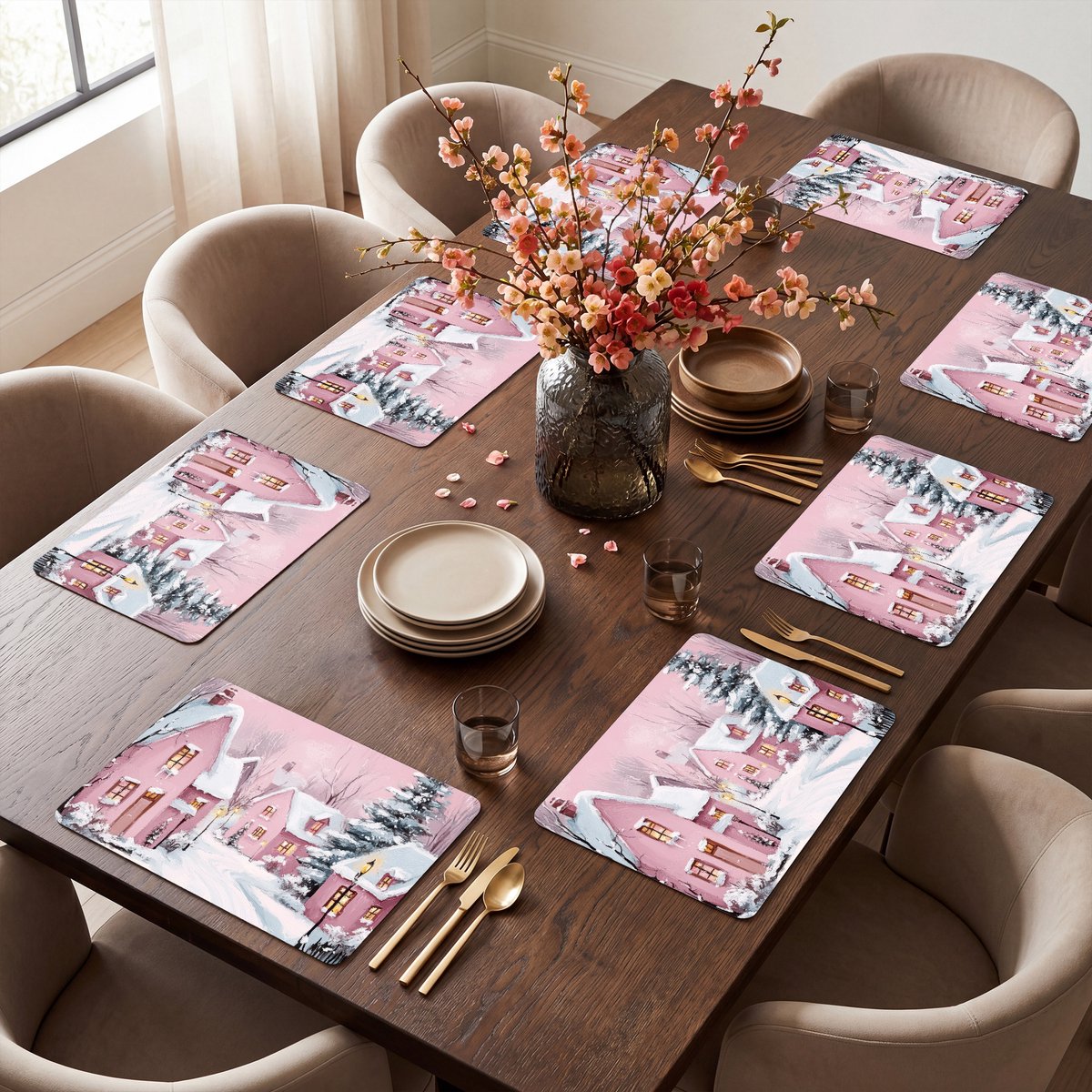Placemats 45x30 cm - Placemat kunststof - 1 stuk - Kerstdorp - Roze - Winter - Sneeuw - Huizen - Borden onderleggers - Decoratie voor op tafel - Keuken tafeldecoratie accessoires - Vinyl onderlegger - Tafelversiering – foto 7