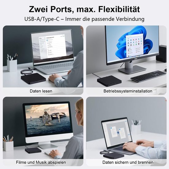 Extern DVD CD Station USB - Brander & Speler - CD/DVD +/-RW ROM - Windows 11/10/8/7/XP - Laptop PC — afbeelding 2