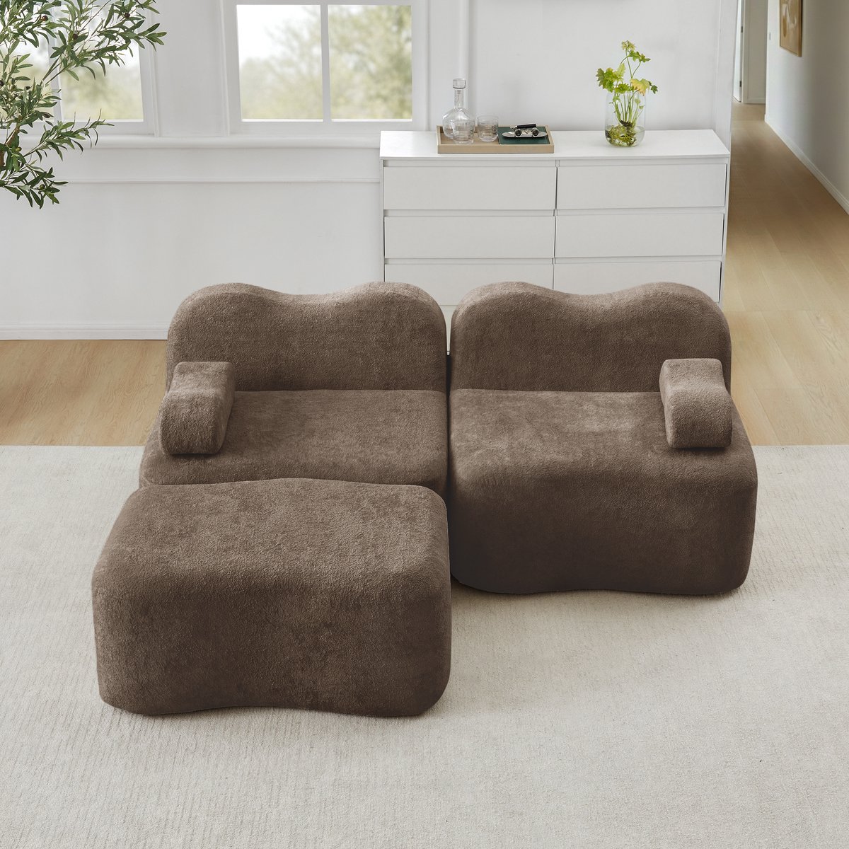 MODFU - Modulaire Hoekbank Met Hocker - Golfvorm - Voor Woonkamer - Fluweel - Bruin