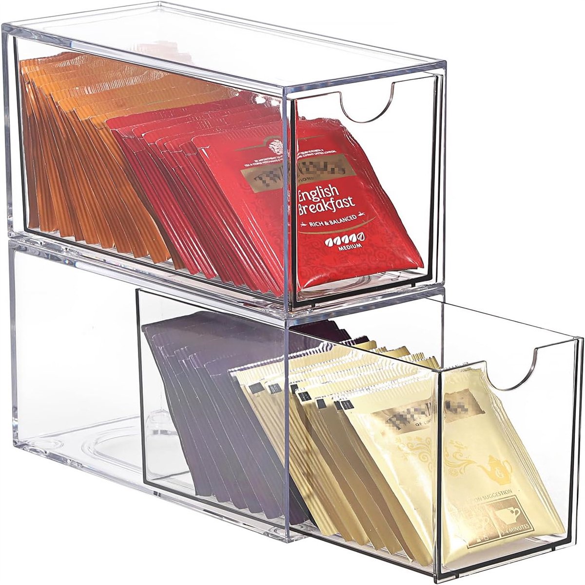 carmdering - Teebeutel Organizer - Thee Zakjes Houder - Acryl Opbergdoos - Stapelbaar Ontwerp - 360 Graden Zicht - Duurzaam Acryl - Waterdicht En Stofdicht - Ruimtebesparende Oplossing Voor Keuken En Kantoor - 2 Stuks