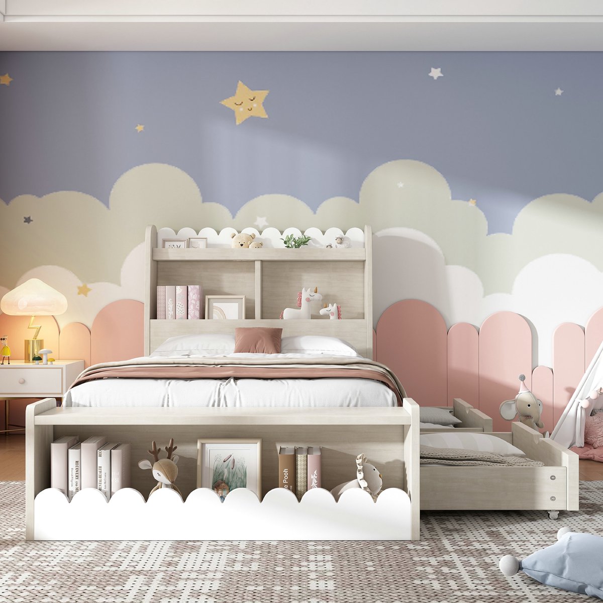 VVBV Kinderbed 90x200 – Bed voorzien van Opbergruimte 90x200 – met Lades, Opbergruimte en Opbergvakken – Hout – Zonder Matras – Wit – Lattenbodem White + Light Oak