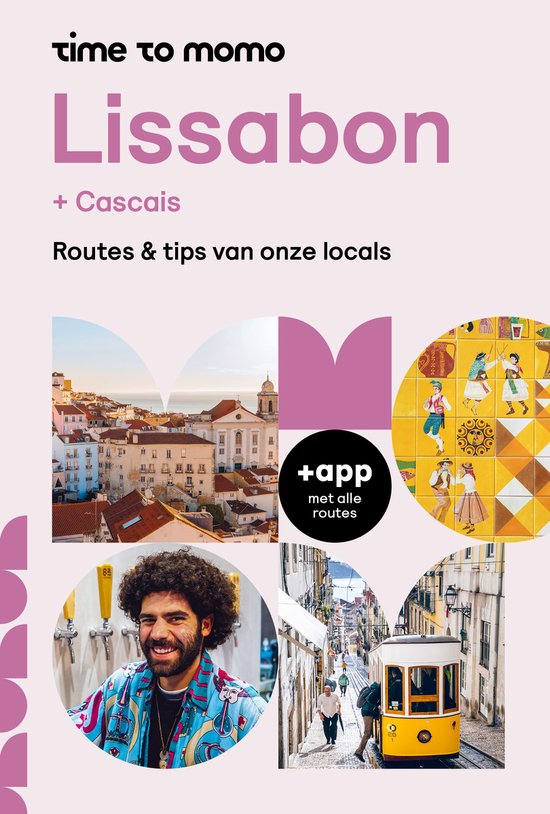 Boek met Lissabon en Cascais, foto's van stadsgezichten, een man met krullend haar en een tram.