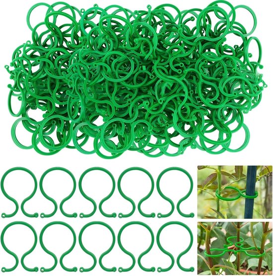 Een grote hoop groene plantenbinders, met close-ups van individuele binders en hoe ze worden gebruikt.