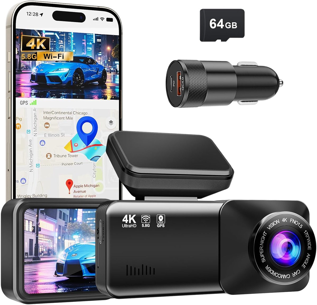 Dashcam - Dashcam voor auto - 4K Dashcam voor - Mini Dashcam - 64GB Kaart - Super Nachtzicht, Loopopname, G-sensor, 24-uurs Parkeermonitor