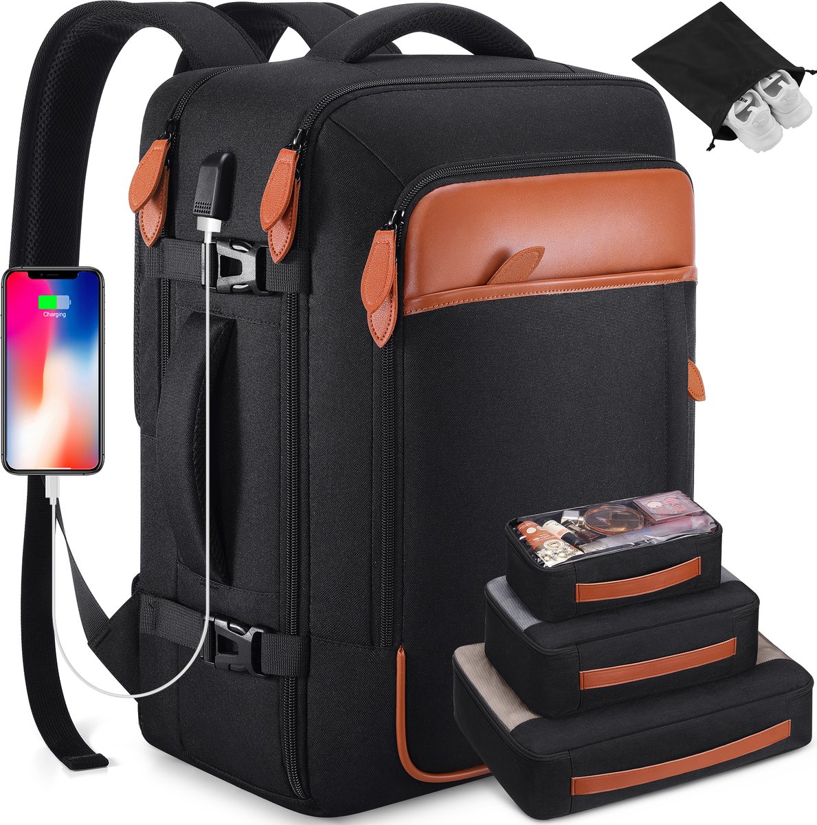 MODENUIT Reistassen - Weekend Backpack - Met Diefstalbestendige Achterzak En Meerdere Opbergvakken - Polyestervezel - Zwart