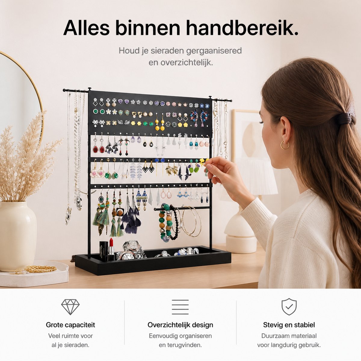 BOTC Sieradenhouder - Voor kettingen / armbanden / Oorbellen - Sieraden Organizer - Oorbellenrekje - Ketting houder - Zwart — cadeau in Wonen & Interieur - foto 4