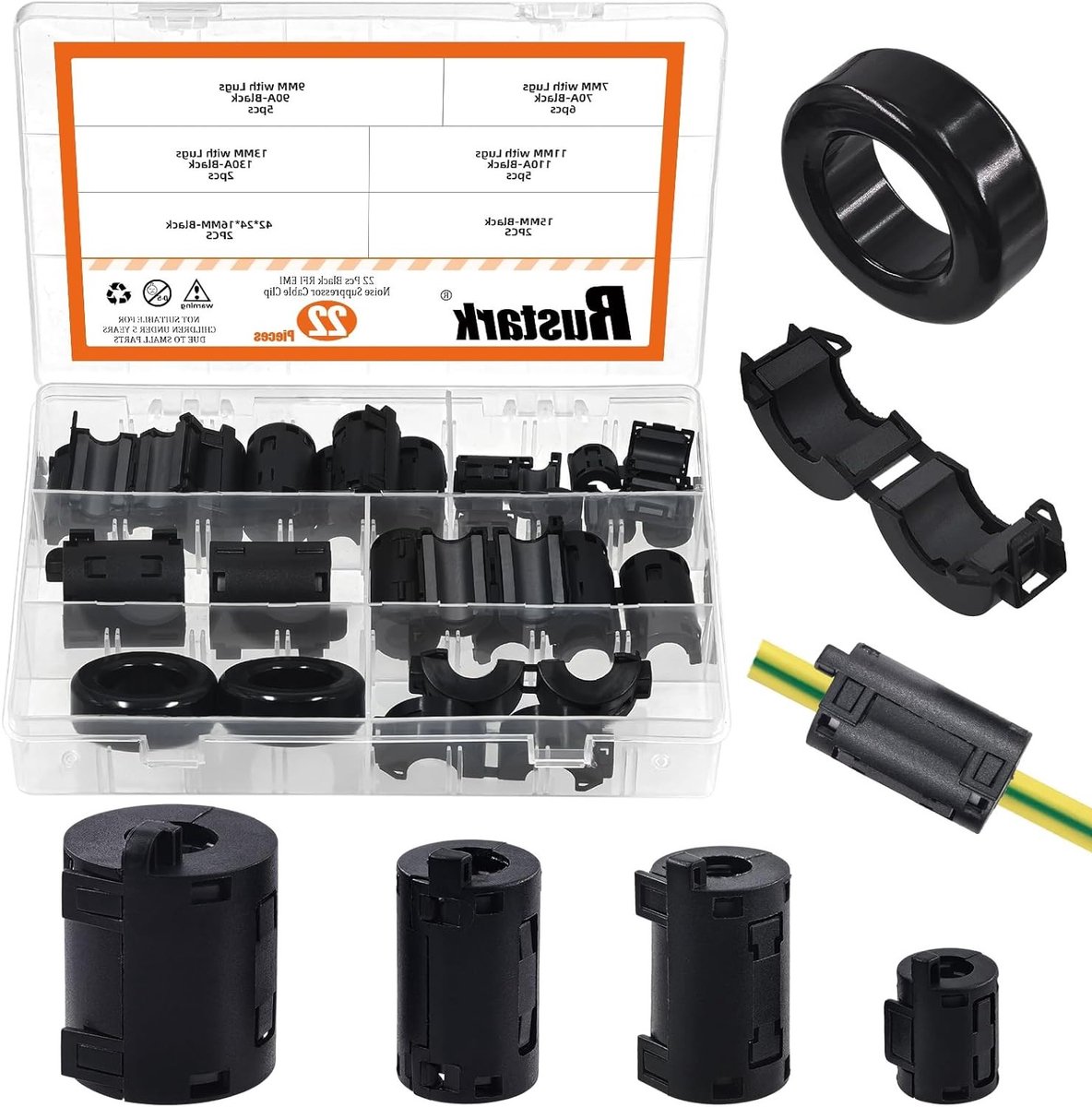 Ferrietringkern Set voor Kabels, Anti-Interferentie, Hoogfrequent Filter, 4 Maten, Zwart, Ideaal voor Elektronische Apparaten en Kabelbeheer