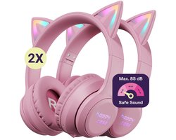 HappyCase Popz - Duo Pack Kinder Koptelefoon Draadloos - Kattenoortjes - Koptelefoon Voor Kinderen - Ledverlichting - Ingebouwde Microfoon - Over-Ear - 85db volumebregrenzer - Bluetooth - Roze