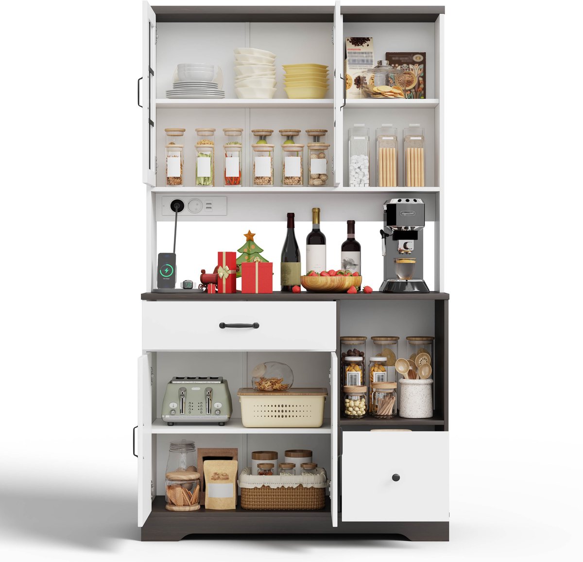 Merax Opbergkast met Glasdeuren en Verlichting - Hoge Kast met Lades en Legplanken - Kast met Stopcontact en Haken - Wit en Houtkleur 105x40x185 cm