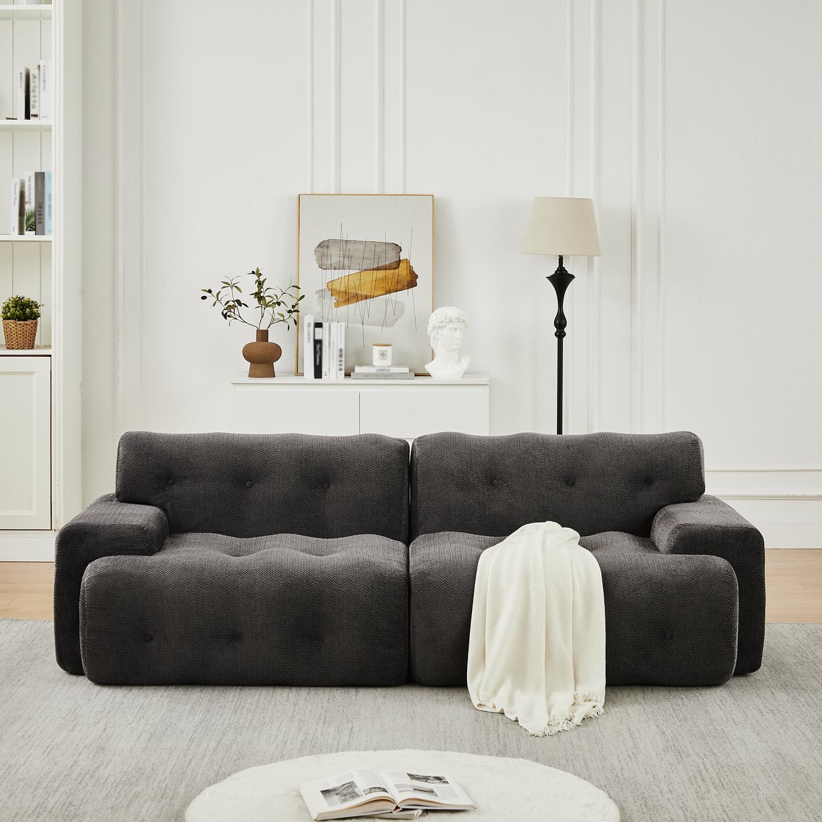 MODFU 2-Zitsbank - Brede Armleuningen En Knopen - Modern - Woonkamer - Chenille - Grijs - 224 X 104 X 66 Cm