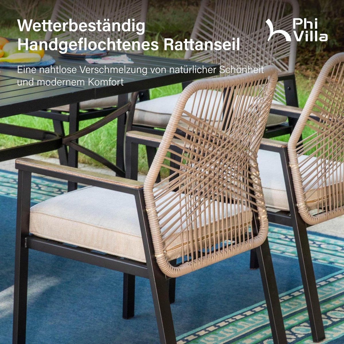 Tuinmeubelset 7-delig 160x90 cm – Rotan Eettafel Set met 6 Stoelen & 8 cm Dikke Kussens – Weerbestendig Metaal met Parasolgat – Beige Moderne Tuinset voor 6 Personen – HomebyNicole