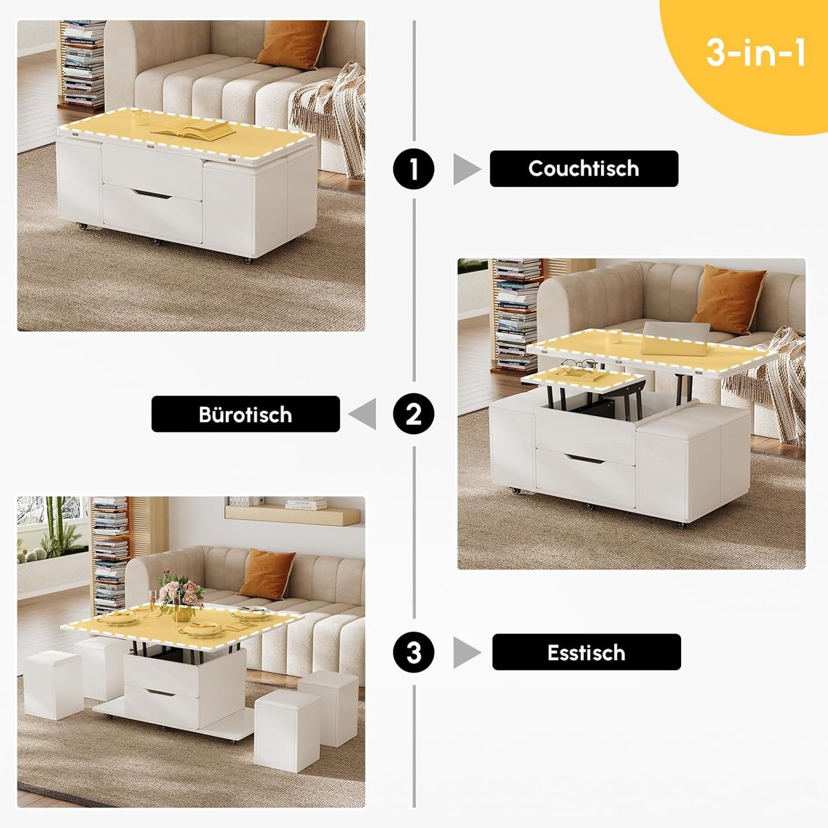 Salontafel met Liftfunctie 3-in-1 Uitschuifbare Eettafel 100x50x64,5 cm – Multifunctionele Woonkamertafel met 4 Krukken, Opbergruimte, Wielen en Hydraulisch Liftmechanisme – Modern Wit/Zwart – Faisal