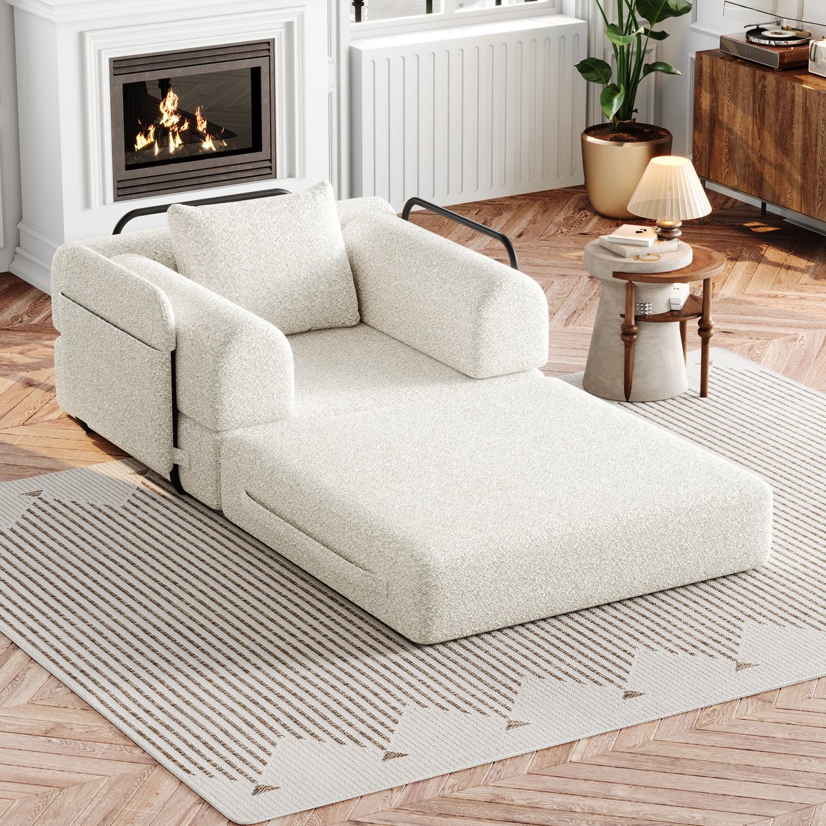 MODFU 1-Zits Slaapbank - 2-In-1 - Met Opbergvak In Armleuning - Modulair - Chenille - Beig