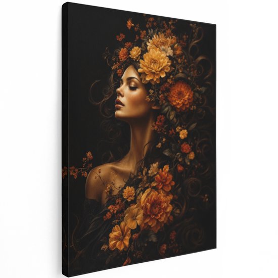 Artaza Canvas Schilderij Vrouw Met Bloemen - Portret in Oranje en Zwarte Tinten - 60x80 cm - Wanddecoratie Woonkamer - Schilderijen - Muurdecoratie