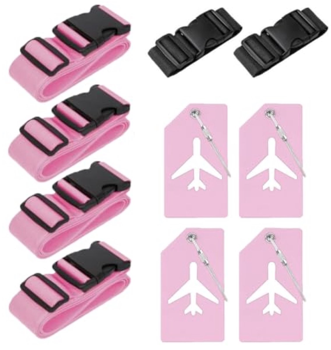 4 Stuks Kofferriemen, 4 Stuks Kofferlabels en 2 Stuks Extra Bagageriemen - Verstelbare Bagagebanden - Opvallende Roze Reisset