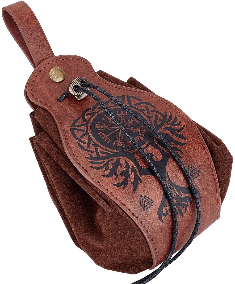 Allecto - Leren trekkoord tas - Middeleeuwse vintage heuptas - 27.95 inch - Geschikt voor hikers - Bruin - Perfect voor kostuums