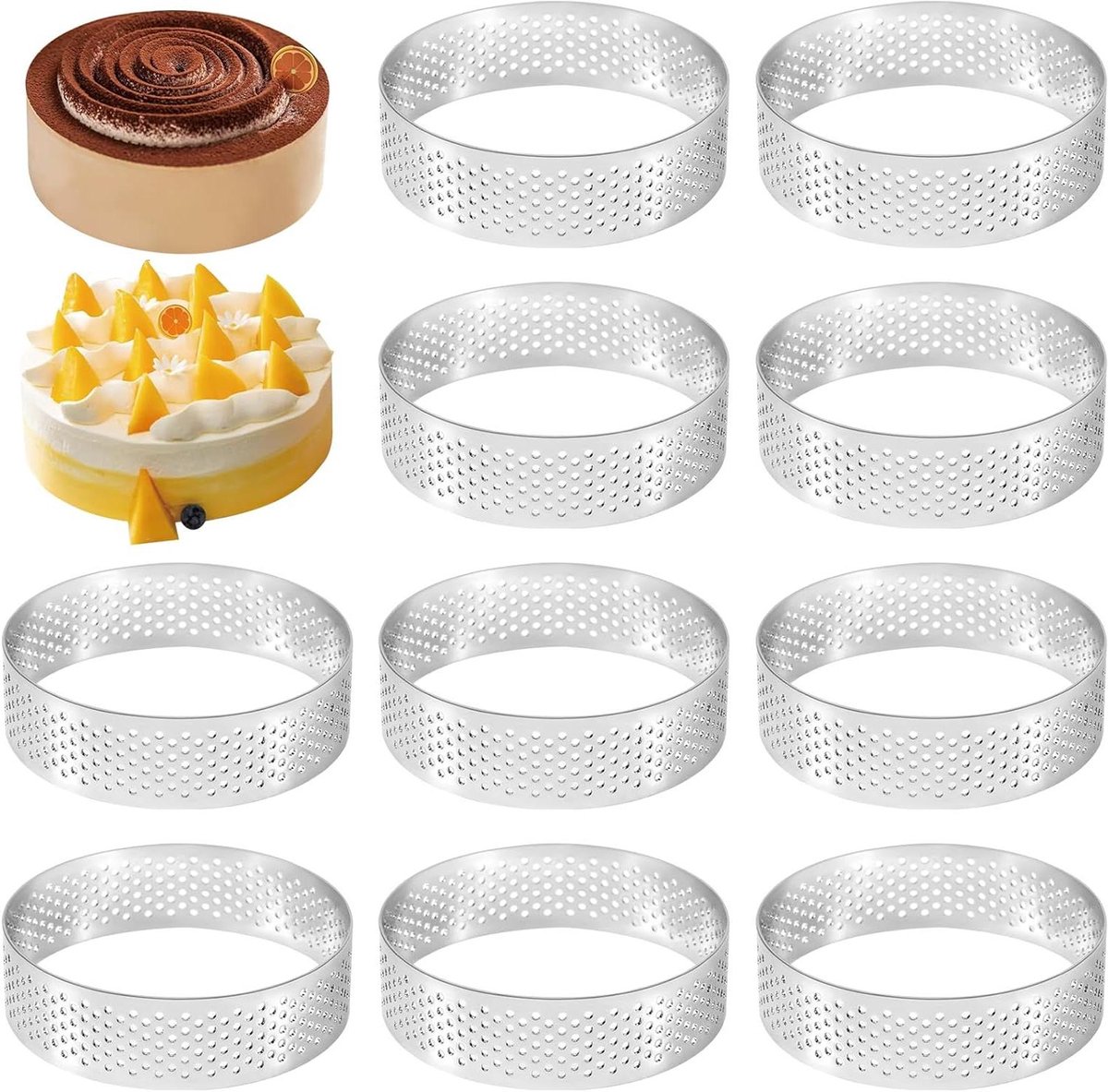 Taartringen Set - Mousse Ring - Bakken en Vormen - Geperforeerd Roestvrij Staal - 10 cm - Zilver