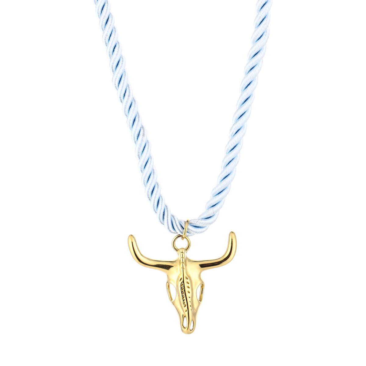 She life style - gouden stierschedel hanger aan een licht blauwe touwketting - Licht blauw
