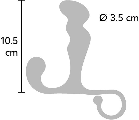 Grijze schematische weergave van een prostaatmassager met afmetingen: 10.5 cm lang, 3.5 cm diameter.