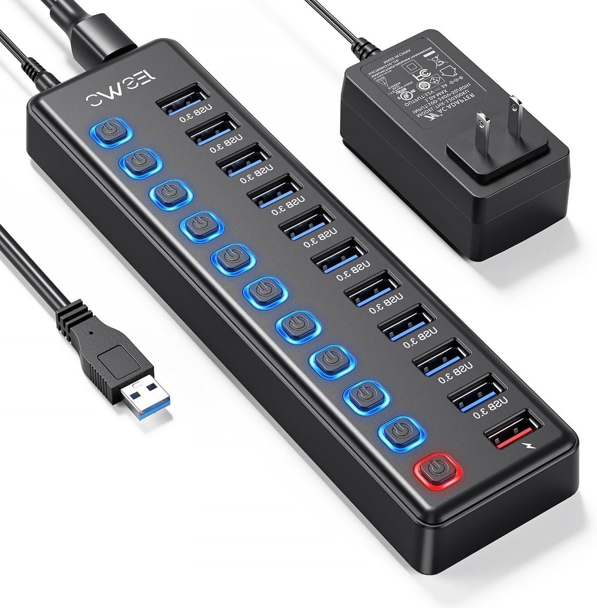 Aangedreven USB-hub - USB 3.0 Hub Data Hub - Apparaten Verbinden - Individuele Aan/Uit Schakelaars - 11 Poorten - Zwart