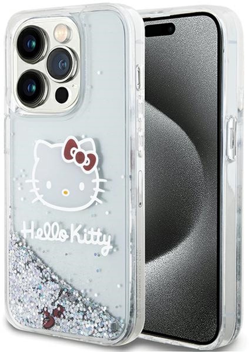 Hello - Kitty - Liquid Glitter Charms Kitty Head case voor iPhone - 14 - Pro - Max - zilver
