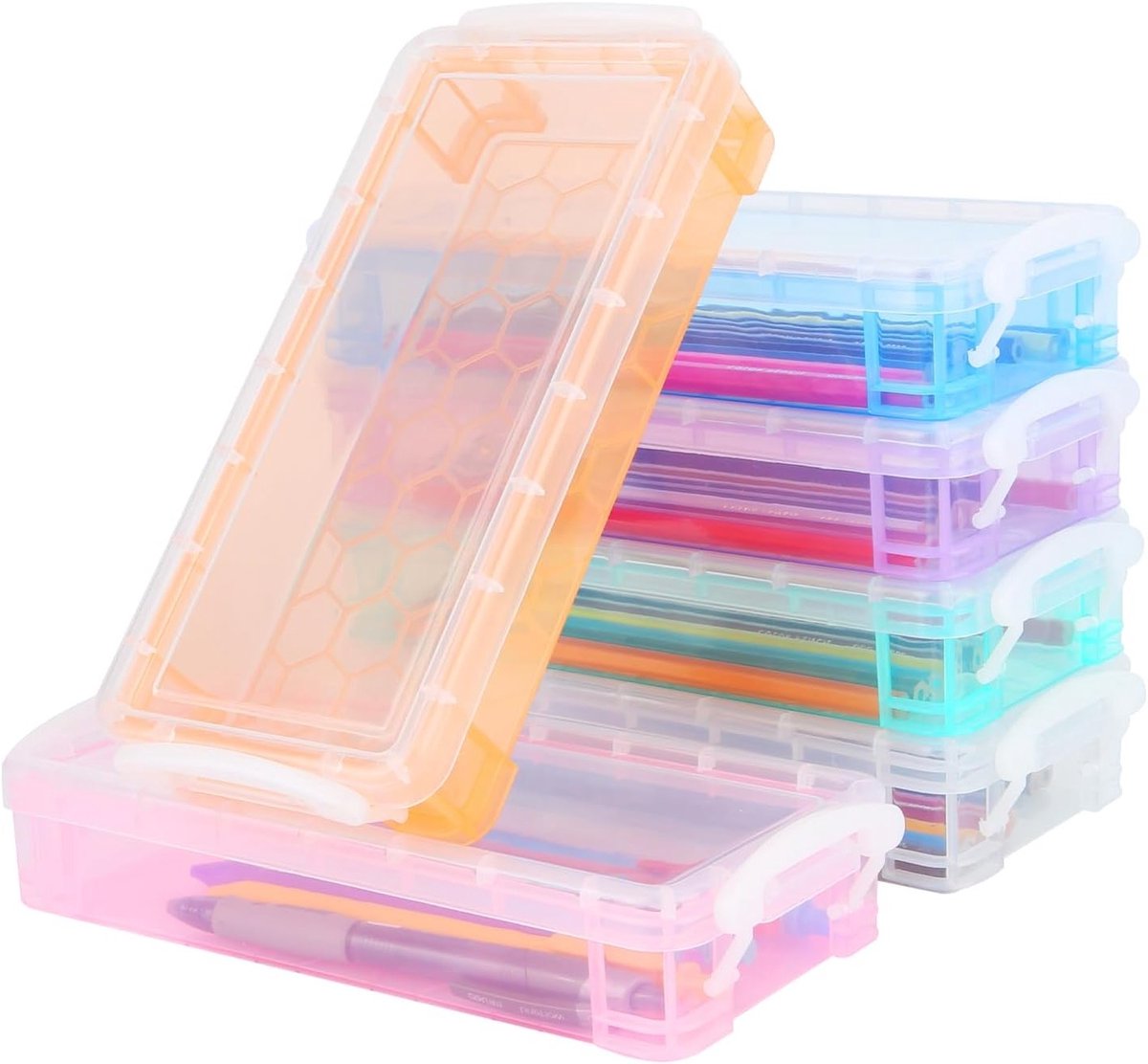 Stapelenbare Doorzichtige Potlooddozen met Deksel - 6 Kleurige Opbergdozen voor Kantoorbenodigdheden, 22 x 10 x 4 cm, Ideaal voor Kleurpotloden en Krijtjes