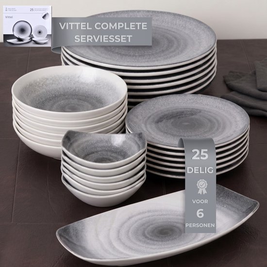 OZ Home Bricard Vittel Service de table 25 pièces - Vaisselle en porcelaine pour 6 personnes - Gris clair - Service d'assiettes avec bols et plat de service