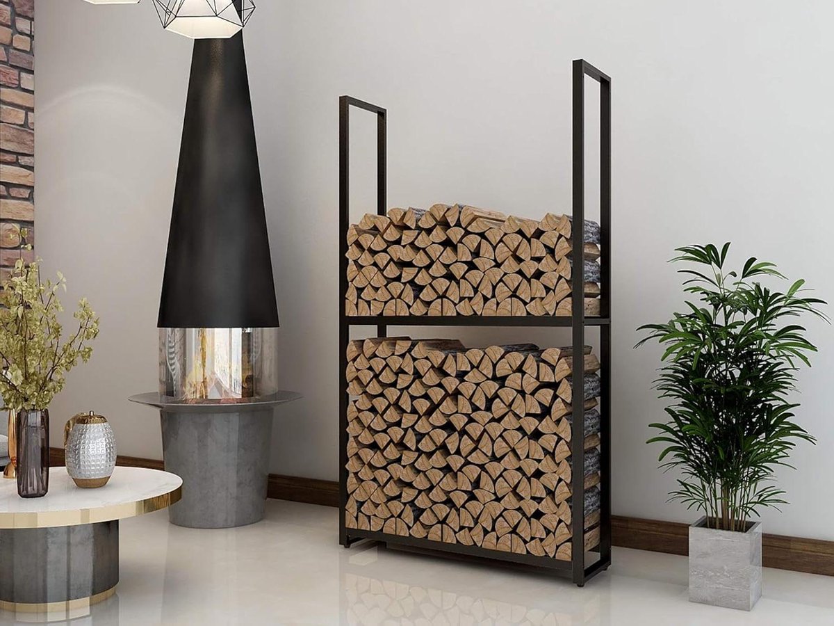 Brandhoutrek Metaal - Houtopslag Haardhout - Haardhout Opslaan - Verstelbare Dragers - 200 x 65 x 25 cm - Zwart