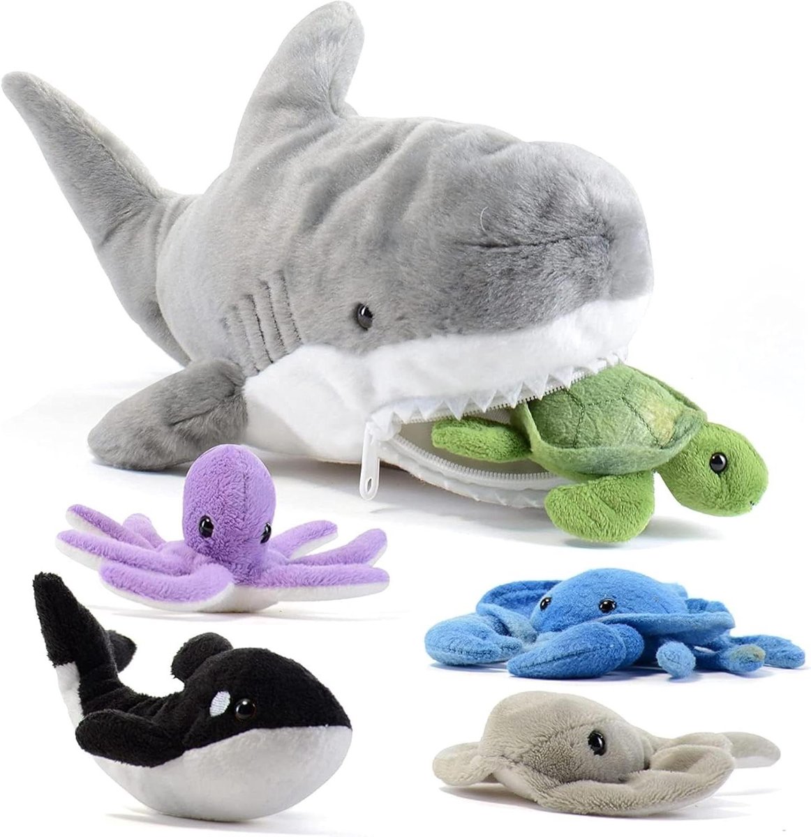 Pluche Haai met Zee Dieren - Knuffel Set - Kinderen Spelen - Opbergfunctie - 45 cm - Blauw
