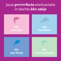 Vier gekleurde vakken met vis-silhouetten: zalm, witvis, tonijn en kabeljauw. De tekst "Jouw prrrrrfecte eiwitvariatie" staat bovenaan.