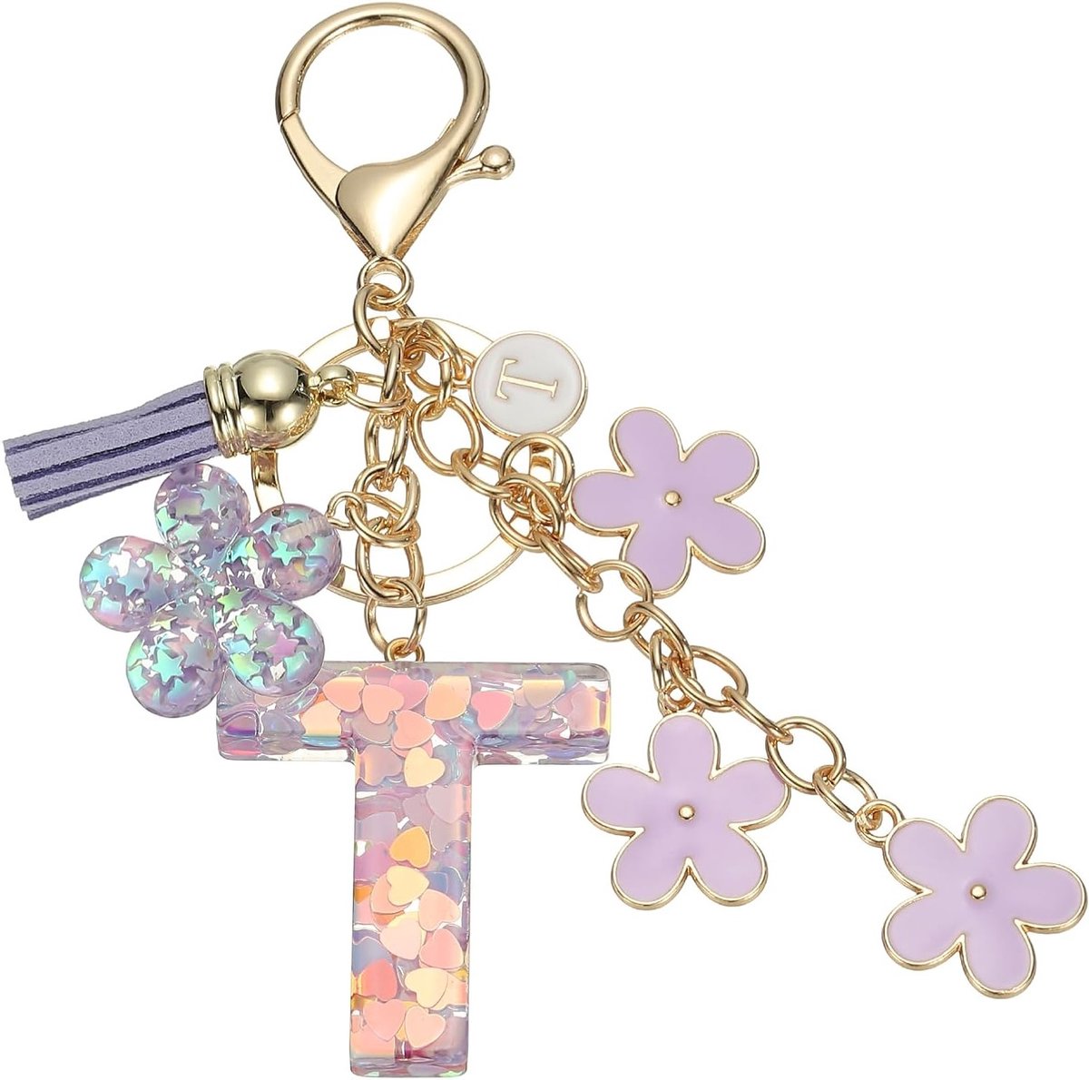 Sleutelhanger met Initialen en Schattige Kwastjes, Kersenbloesem Design voor Vrouwen en Meisjes, Perfect voor Sleutels en Portemonnee (Paars, 1 Stuk)