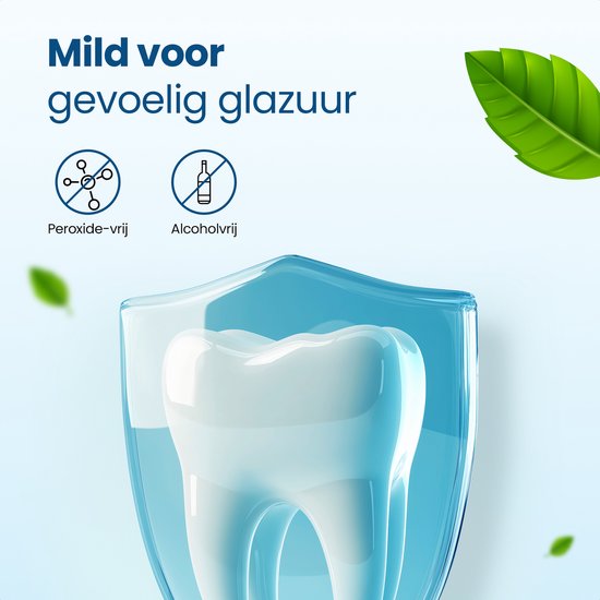Grote tand beschermd door een blauw schild, met icoontjes die 'Peroxide-vrij' en 'Alcoholvrij' aangeven.