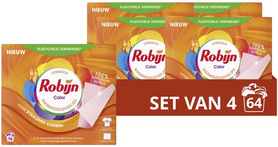 Robijn - Wasmiddeldoekjes - Color - 100% oplosbare doekjes in een kartonnen verpakking - 4 x 16 wasstrips