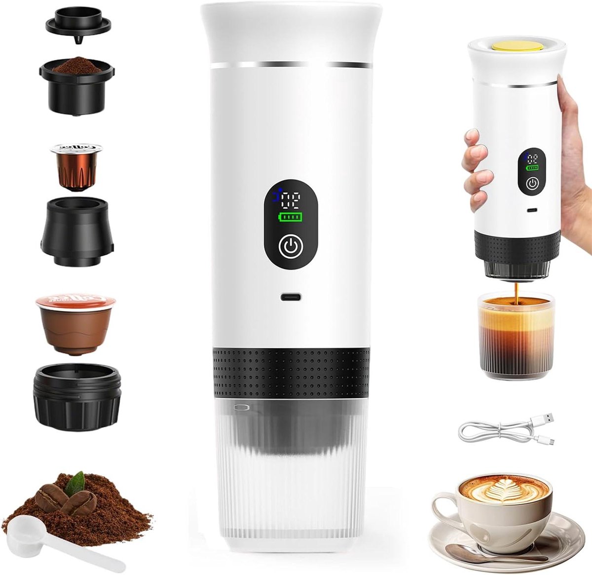 Draagbaar Koffiezetapparaat - 3-in-1 Machine - Koffie Maken - Oplaadbaar en Draadloos - 90 ml - Wit