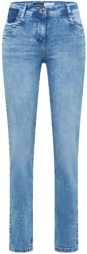 Blauwe damesjeans van Cecil met een knoopsluiting en lichte wassing.