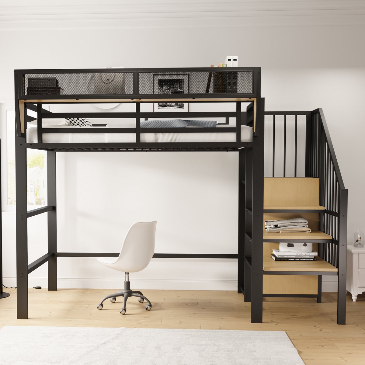 MEUNIQ Zwarte metalen hoogslaper 90 x 200 cm met veiligheidsladder en flexibel opbergvak