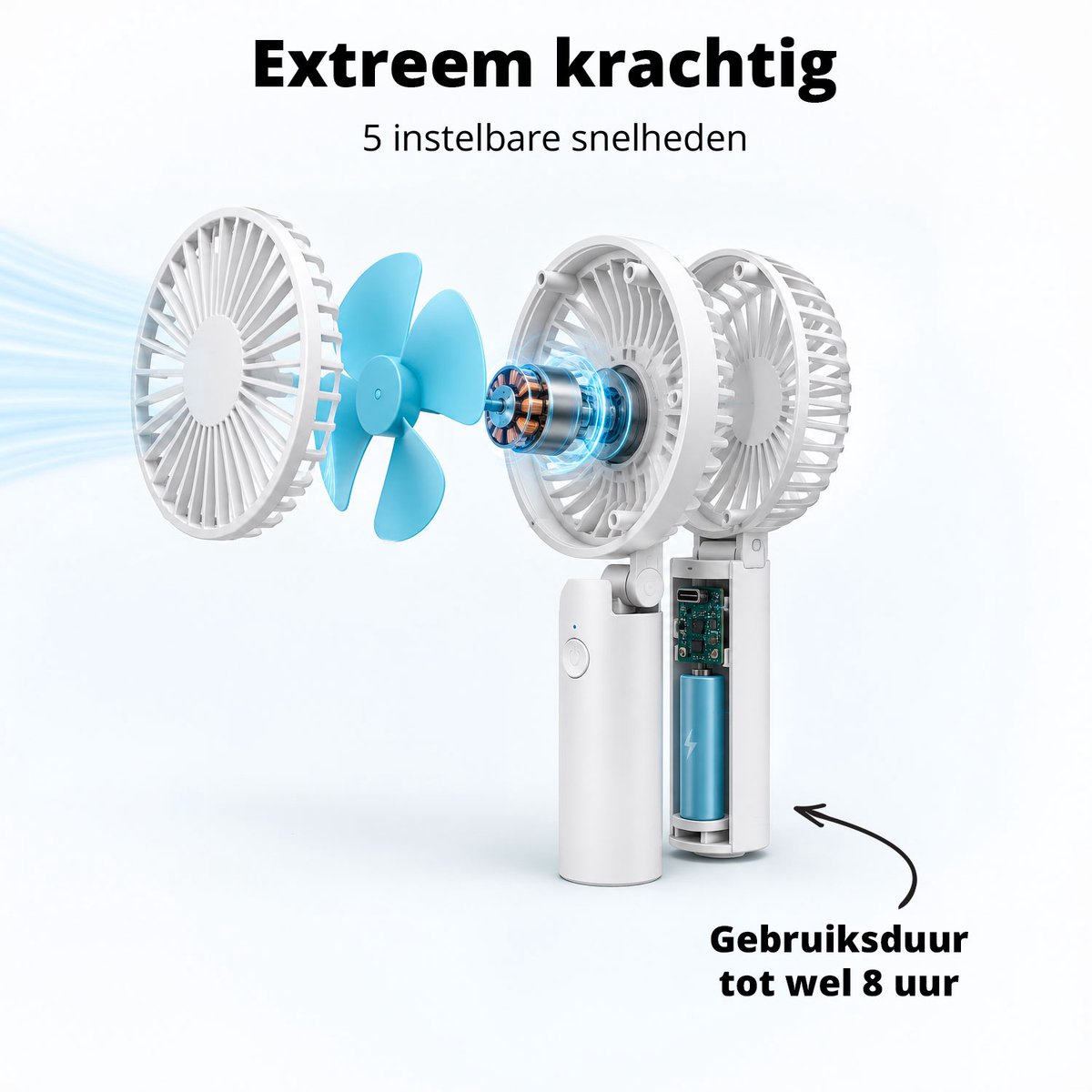 FlinQ Handventilator - Draagbare Ventilator - Mini Fan Oplaadbaar - Kleine Portable Ventilator met USB - Draadloze Tafelventilator - Wit / Blauw — afbeelding 4