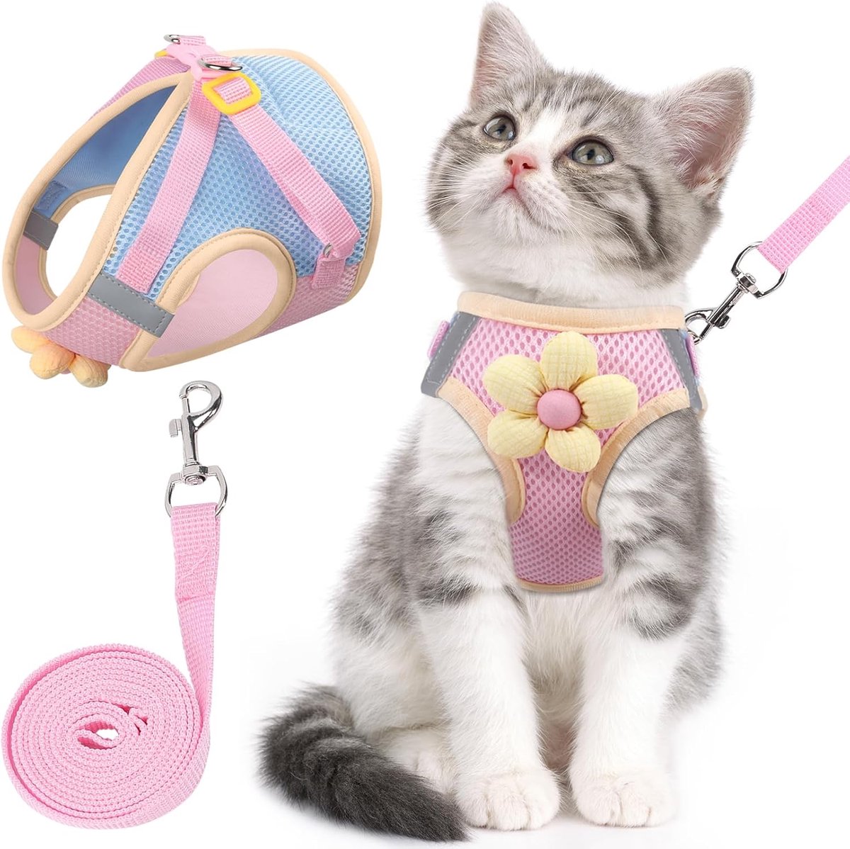 Ulisem - Kattentuigje en riemset - voor wandelen - ontsnappingsbestendig - verstelbaar kittentuigje van ademend mesh met reflecterende strepen - tuigje met bloemmotief voor kitten, puppy en konijn - pink - M