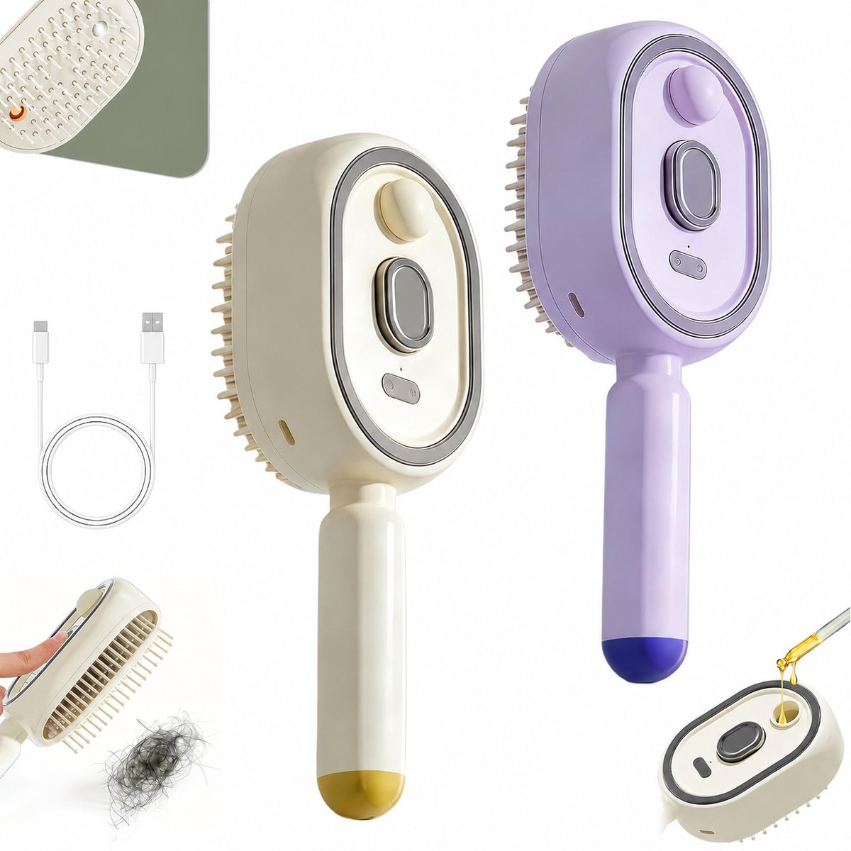 Elektrische Massageborstel met Roodlichttherapie - Stoomborstel voor het Haar met Nano Mist - 2 Stuks-paars/wit - Anti-pluis en Zelfreinigend - Luxe Cadeau voor Vrouwen
