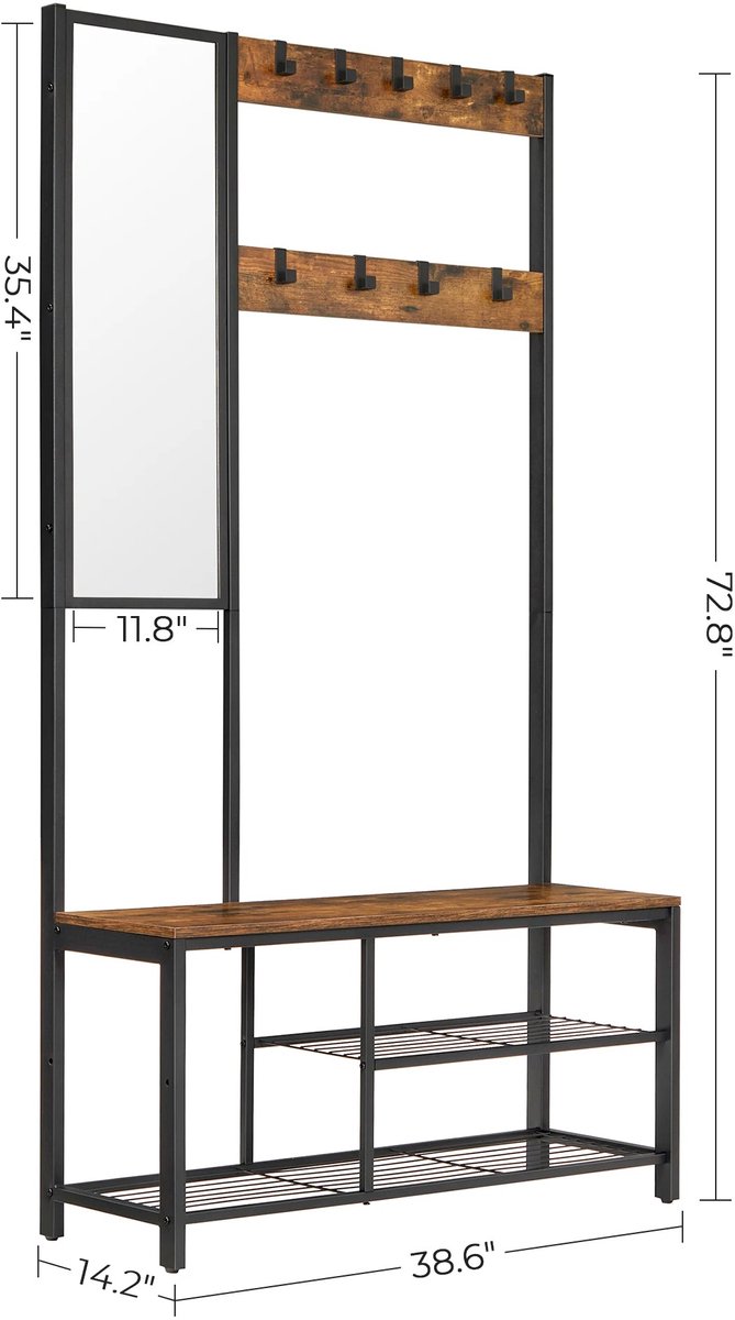 Velori Kapstok met Spiegel - Garderoberek met Schoenenrek en Zitbank - Halmeubel - Kledingrek met 9 Haken - Industrieel Design - Zwart 98 x 36 x 185 cm – foto 3