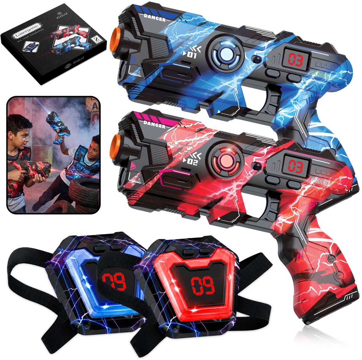 ZUZAZ® Laser Game Set voor Kinderen – Lasergame Geweren met LED Score Display en Vesten – Set van 2 Pistolen – Interactief Schietspel voor Binnen en Buiten – Actief Speelgoed voor Jongens en Meisjes