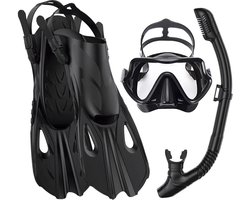 Professionele Snorkelset voor Volwassenen - 3-delige snorkelset voor buiten - masker, snorkel, verstelbare zwemvliezen – inclusief oordopjes en zwarte nettas - Geen Lekkage - Voor Snorkelen & Duiken - zwart