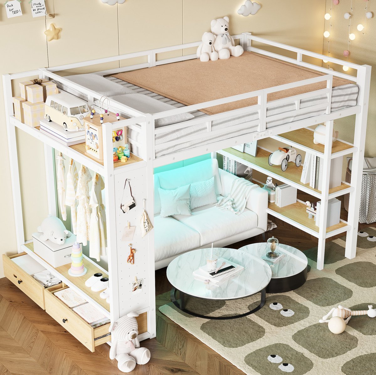 DESMIU Hoogslaper 140x200cm Met Matras – Hoogslaper Met Opbergkast En Plankvakken – Speelkamer En Jeugdkamer – Metaal En MDF – Wit