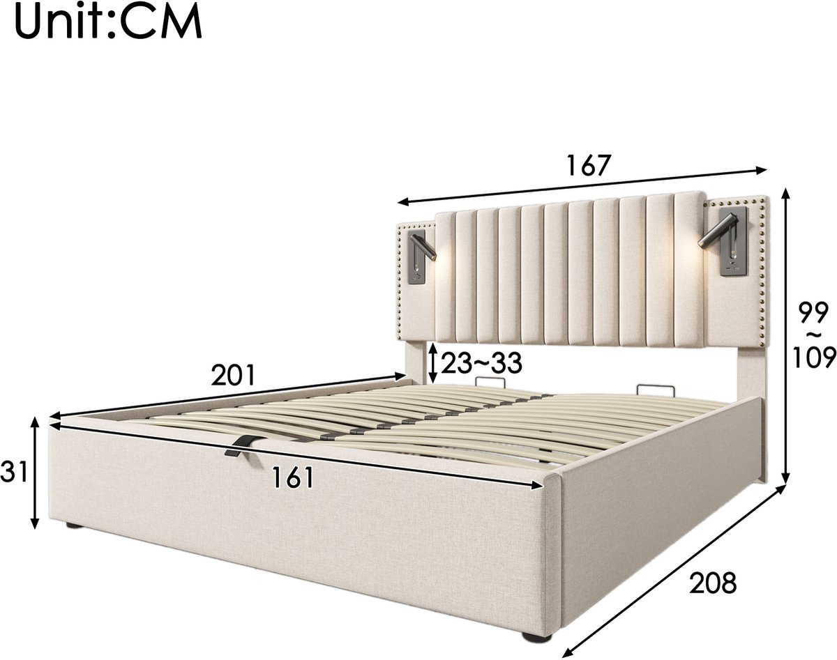 DESMIU Gestoffeerd Bed 160x200cm - Verstelbaar Hoofdbord Met Leeslamp En Oplaadfunctie - Opbergruimte Onder Het Bed - Voor Slaapkamer - Beige - Zonder Matras