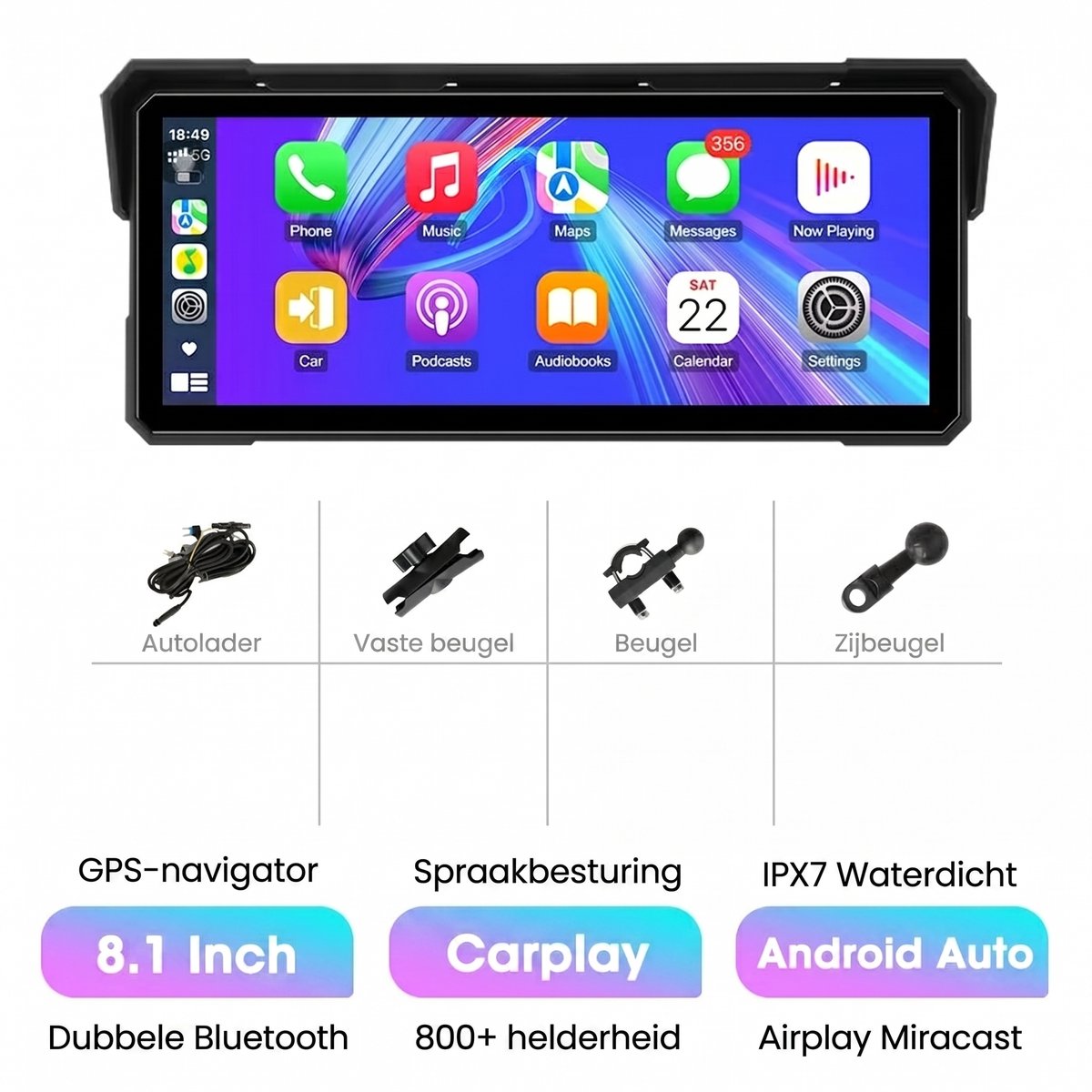 NordHaus Motorfiets Navigatiescherm - Draadloze Apple CarPlay & Android Auto - 8,1 Inch IPS Display - IPX7 Waterdicht