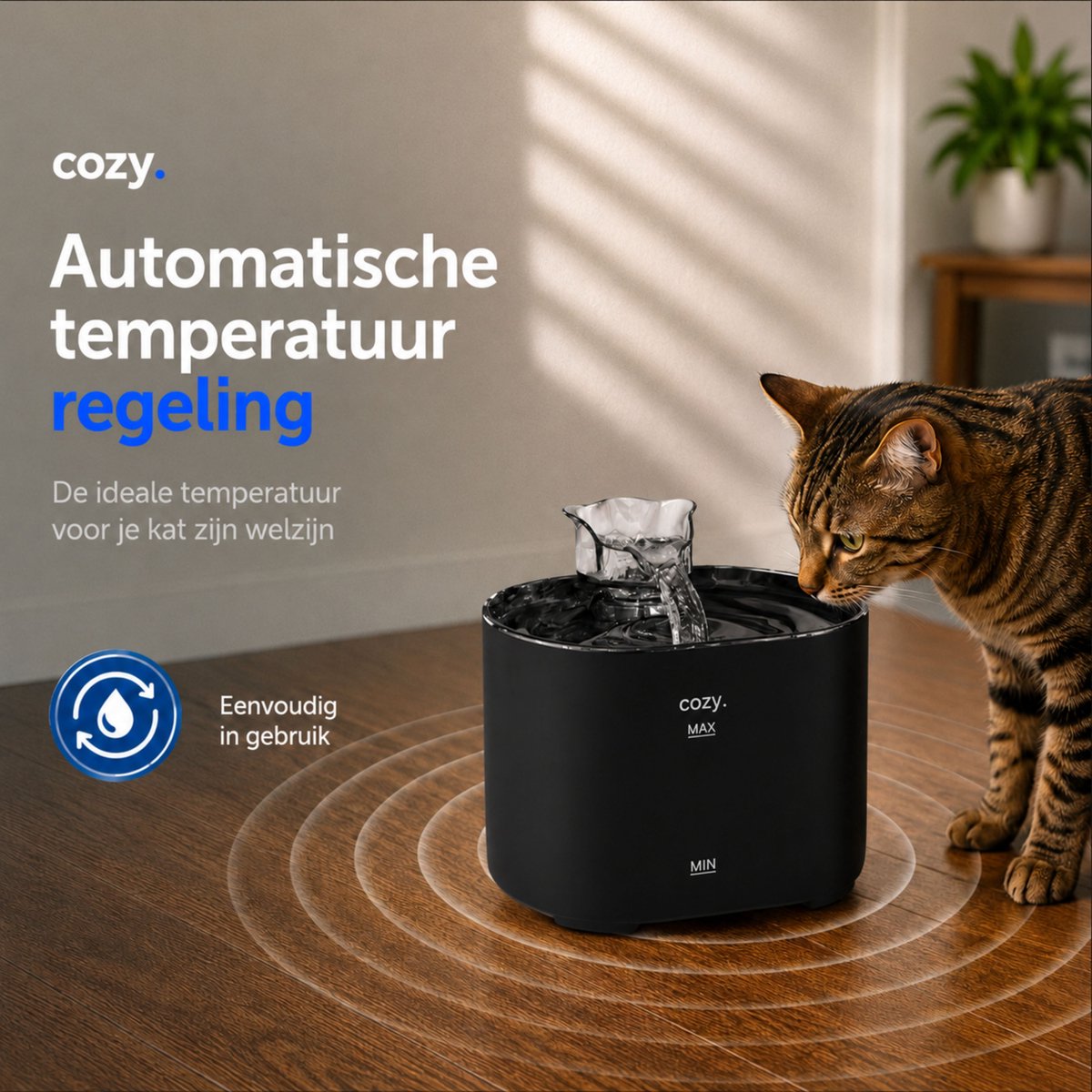 cozy.® Drinkfontein Kat Pro Plus 2026 - Waterfontein Kat 2.2L - Kattenfontein - Waterbak Kat - Waterdispenser Kat - Muisstil & Automatisch - Compact & Inclusief Filter - Zwart - Anti knoei Drinkbak thumbnail 7