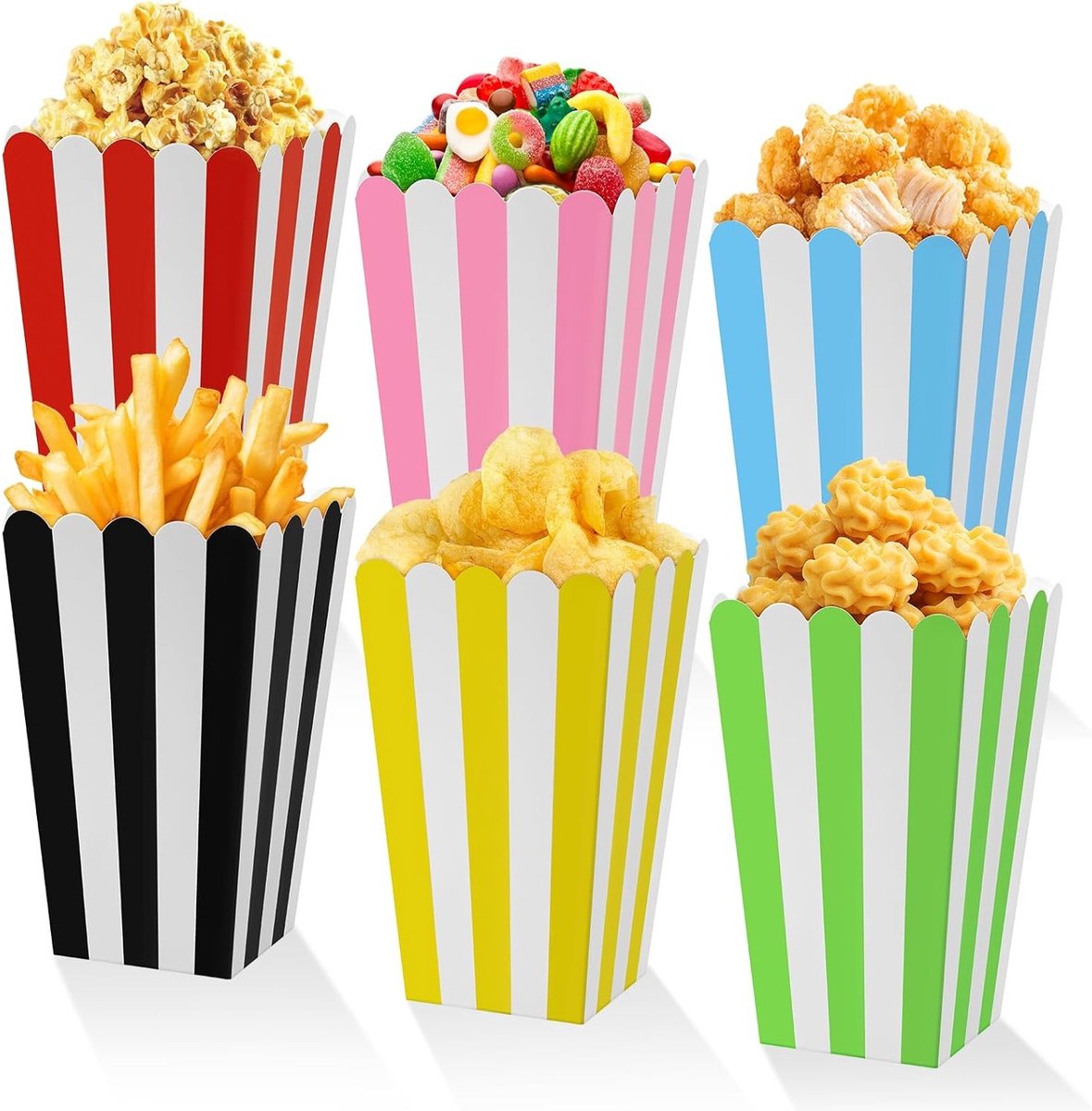 Kleurrijke Papieren Popcornzakken, Klein, 6 Kleuren, Ideaal voor Snacks, Feestjes en Bioscoop, 60 Stuks